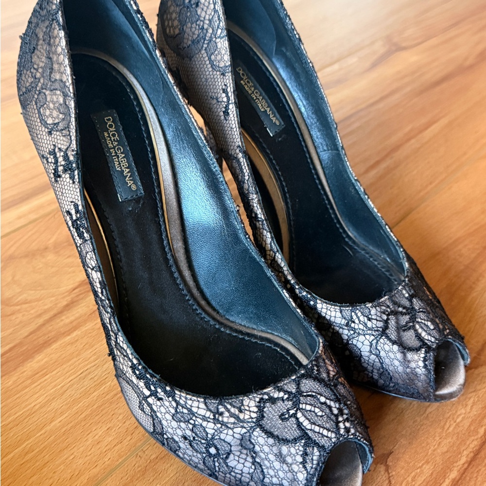 Dolce & Gabbana Black Lace Peep Toe Heels – Size 37.5